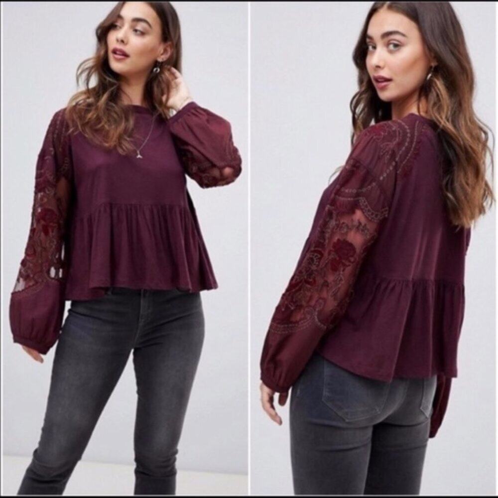 Free People Penny Embroidered Balloon Sleeve Top
